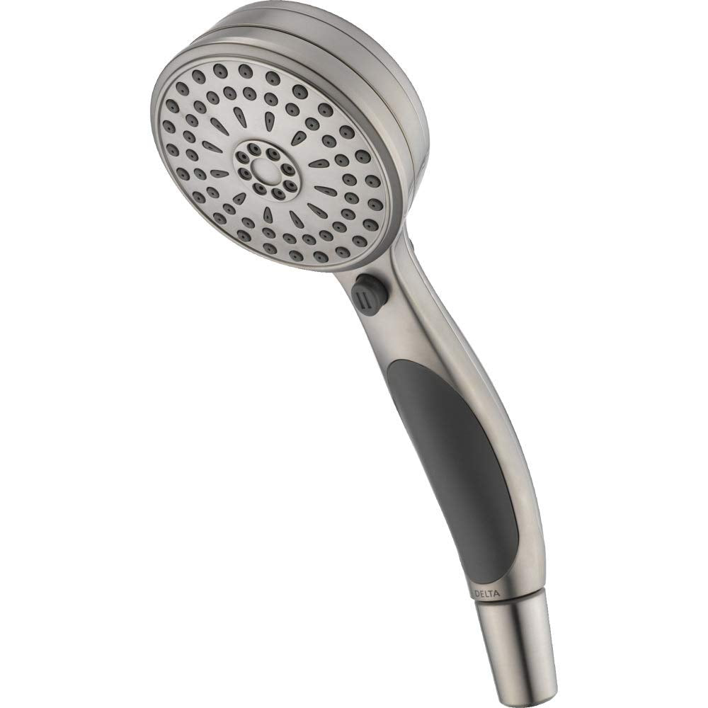 Chrome and black hand shower with circular spray head and control button on handle.