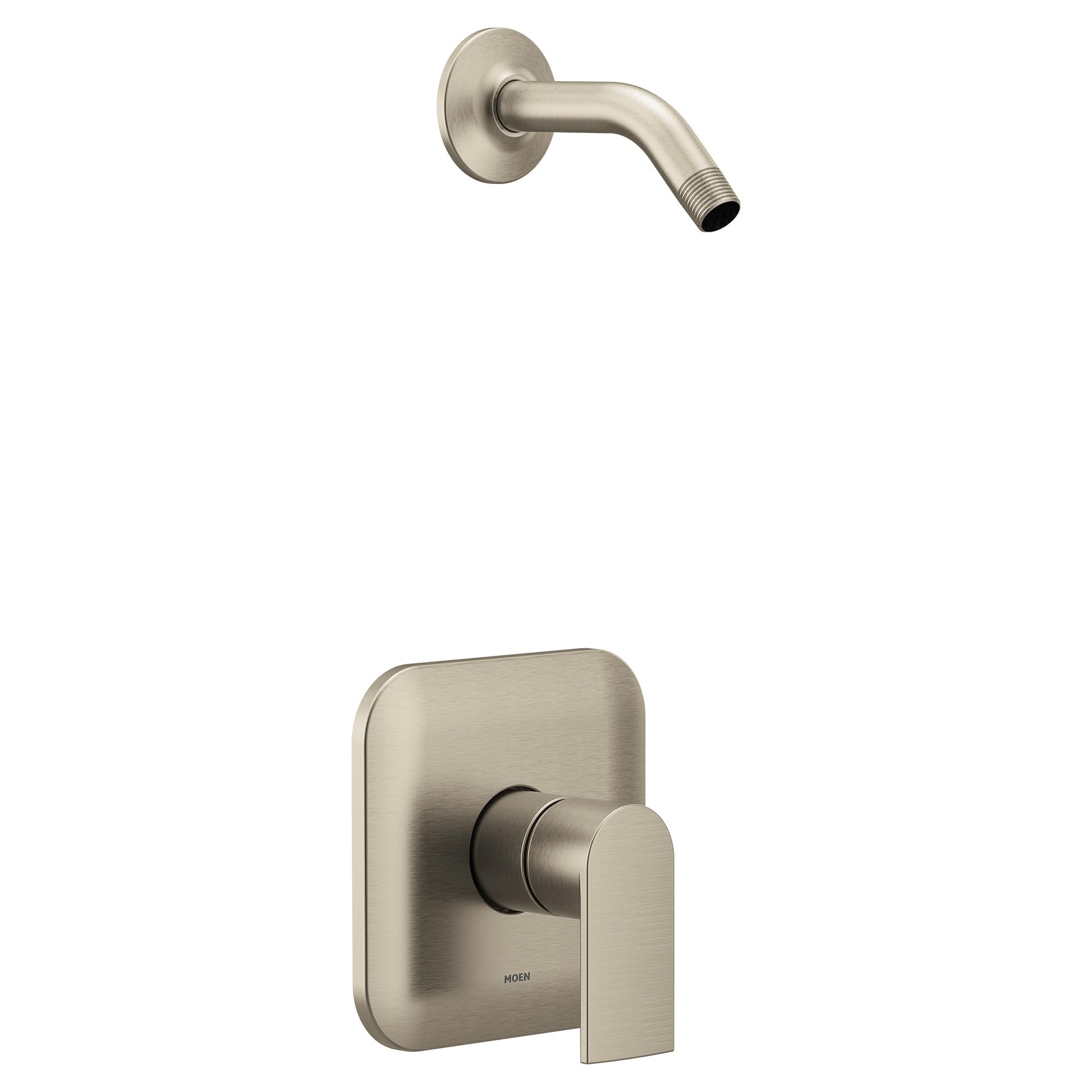 Brushed nickel single-handle shower trim with curved wall-mounted control plate and angled showerhead arm.