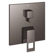 Grohe Eurocube hard graphite pressure balance valve trim with dual square handles and 3-way diverter mounted on wall plate.
