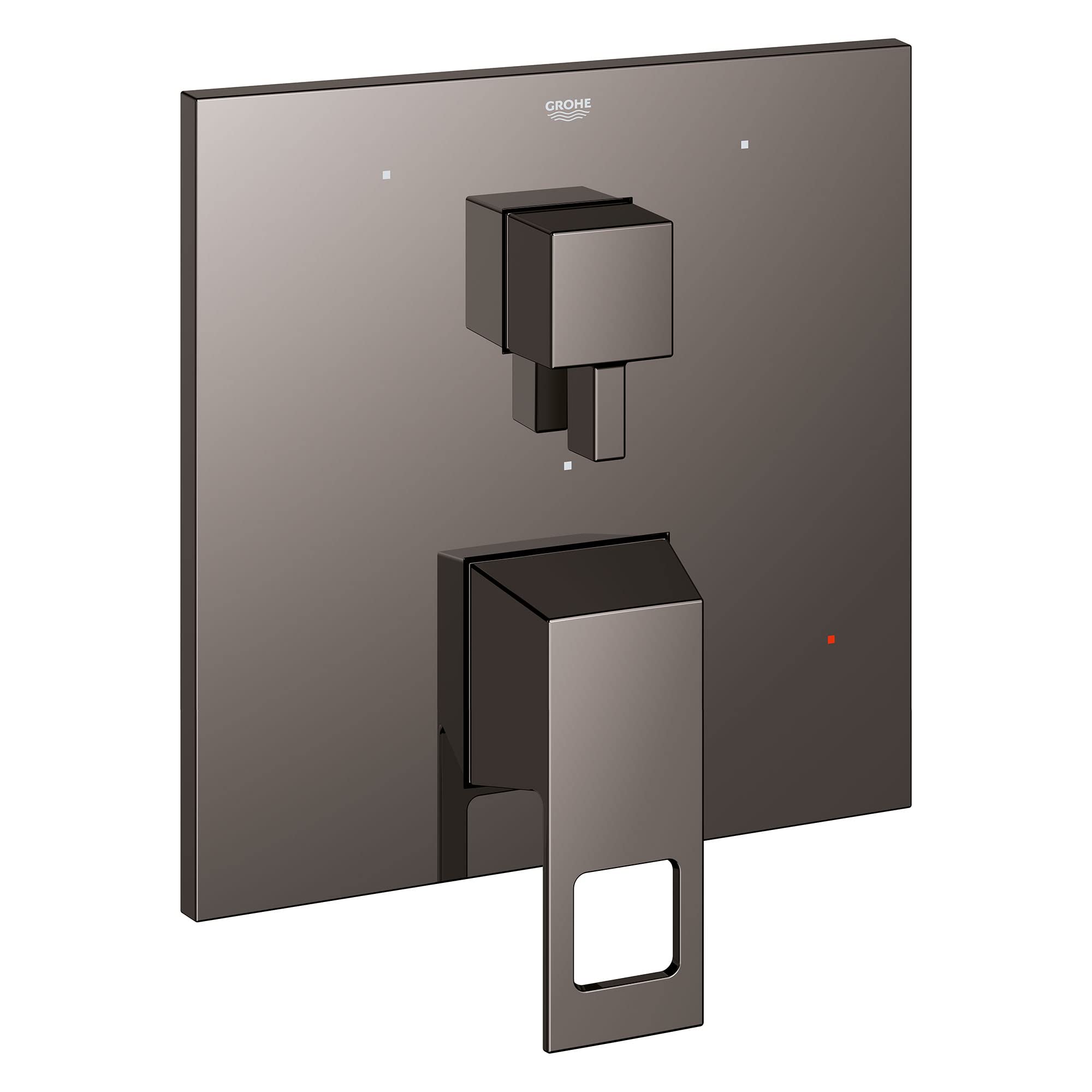 Grohe Eurocube hard graphite pressure balance valve trim with dual square handles and 3-way diverter mounted on wall plate.