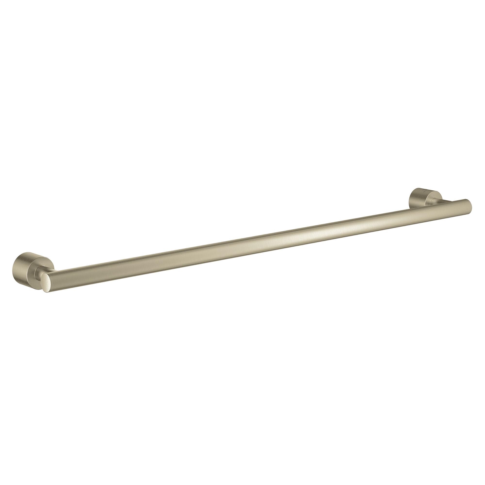 Brushed nickel towel rail with cylindrical bar and wall-mounted circular flanges on each end.