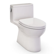 One-piece elongated toilet in light beige with closed lid and seat, lever flush handle on tank side.