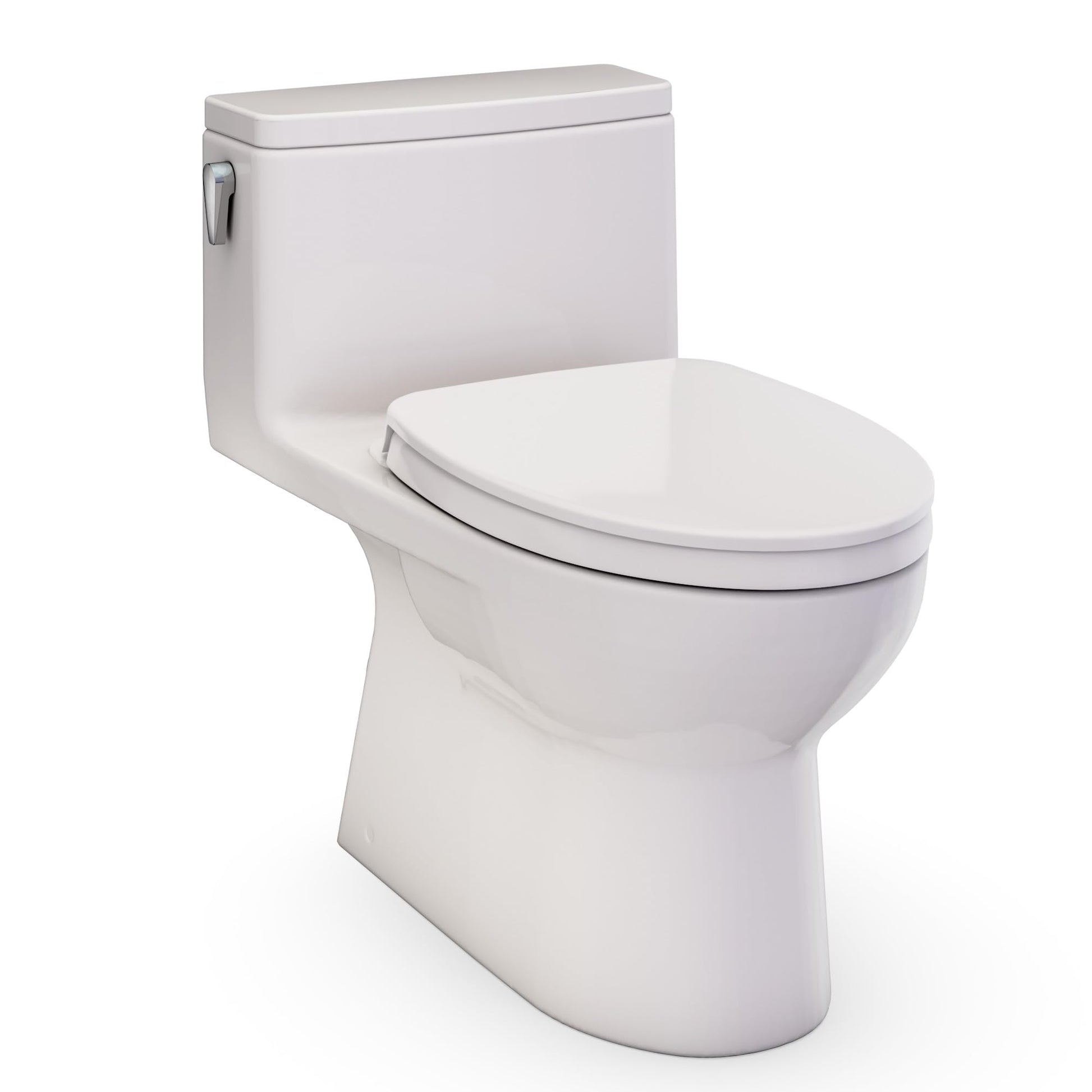 One-piece elongated toilet in light beige with closed lid and seat, lever flush handle on tank side.
