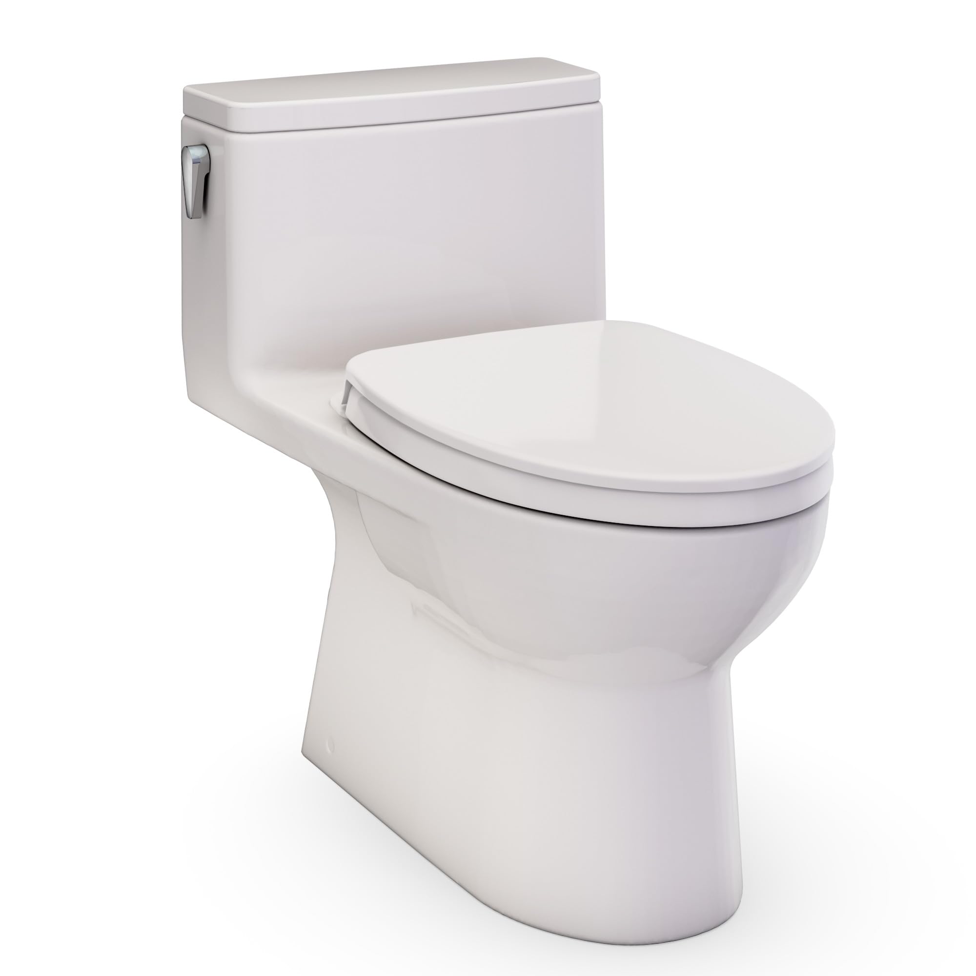 One-piece elongated toilet in light beige with closed lid and seat, lever flush handle on tank side.