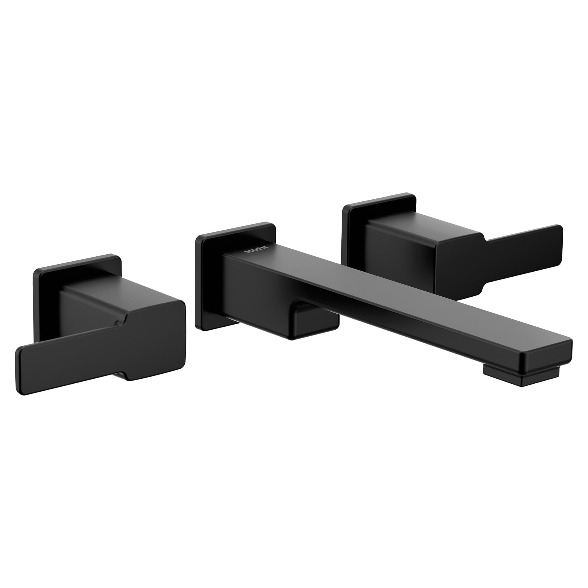 Matte black wall-mounted bathroom faucet trim with two lever handles and horizontal spout.