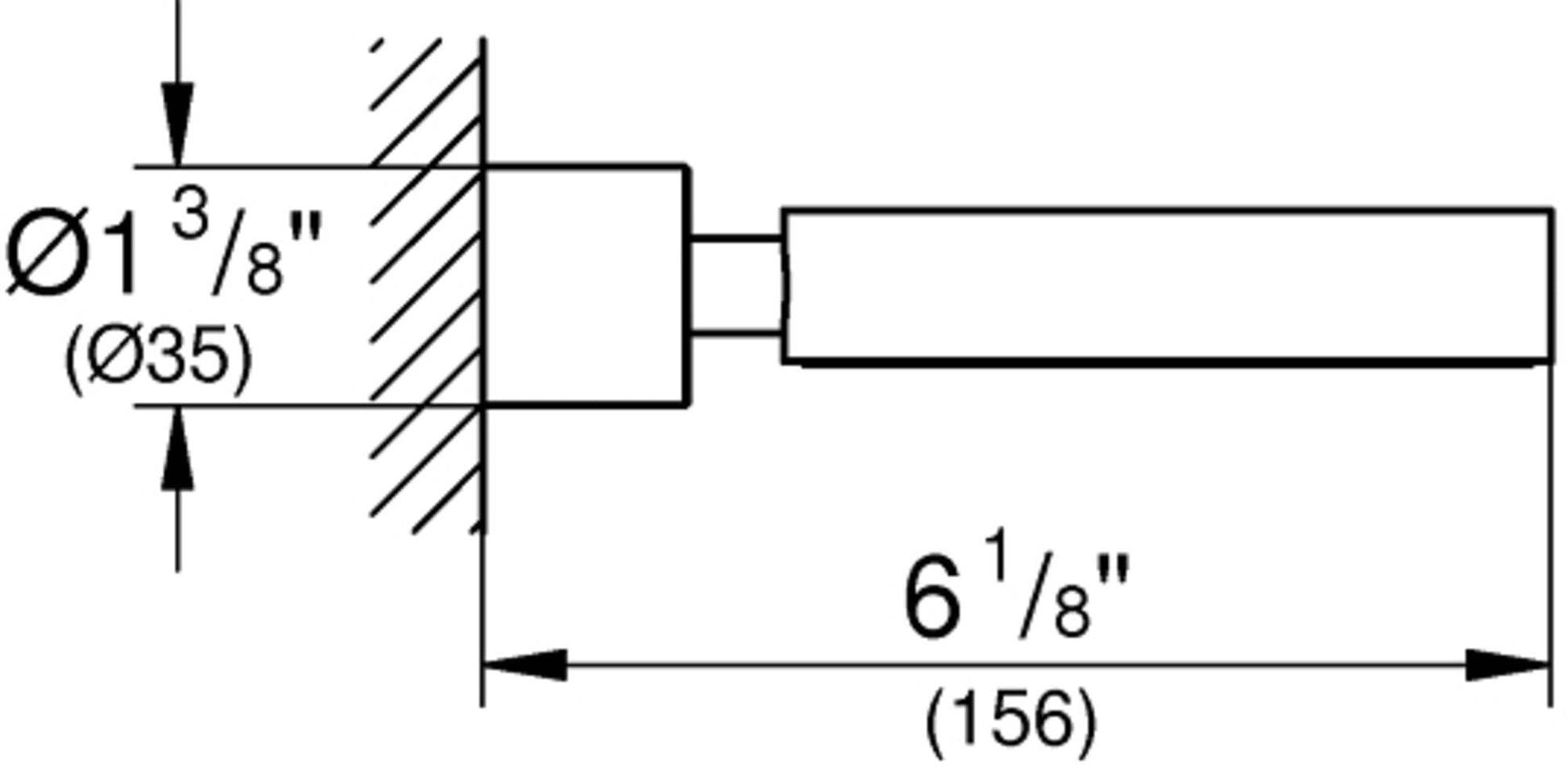 Chrome wall-mounted holder with rectangular tray and mounting specifications showing 1 3/8" diameter hole and 6 1/8" length.