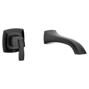 Matte black wall-mounted tub faucet with single lever handle and curved spout.