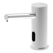 Chrome and white electronic deck-mount soap dispenser with sensor activation and horizontal spout.