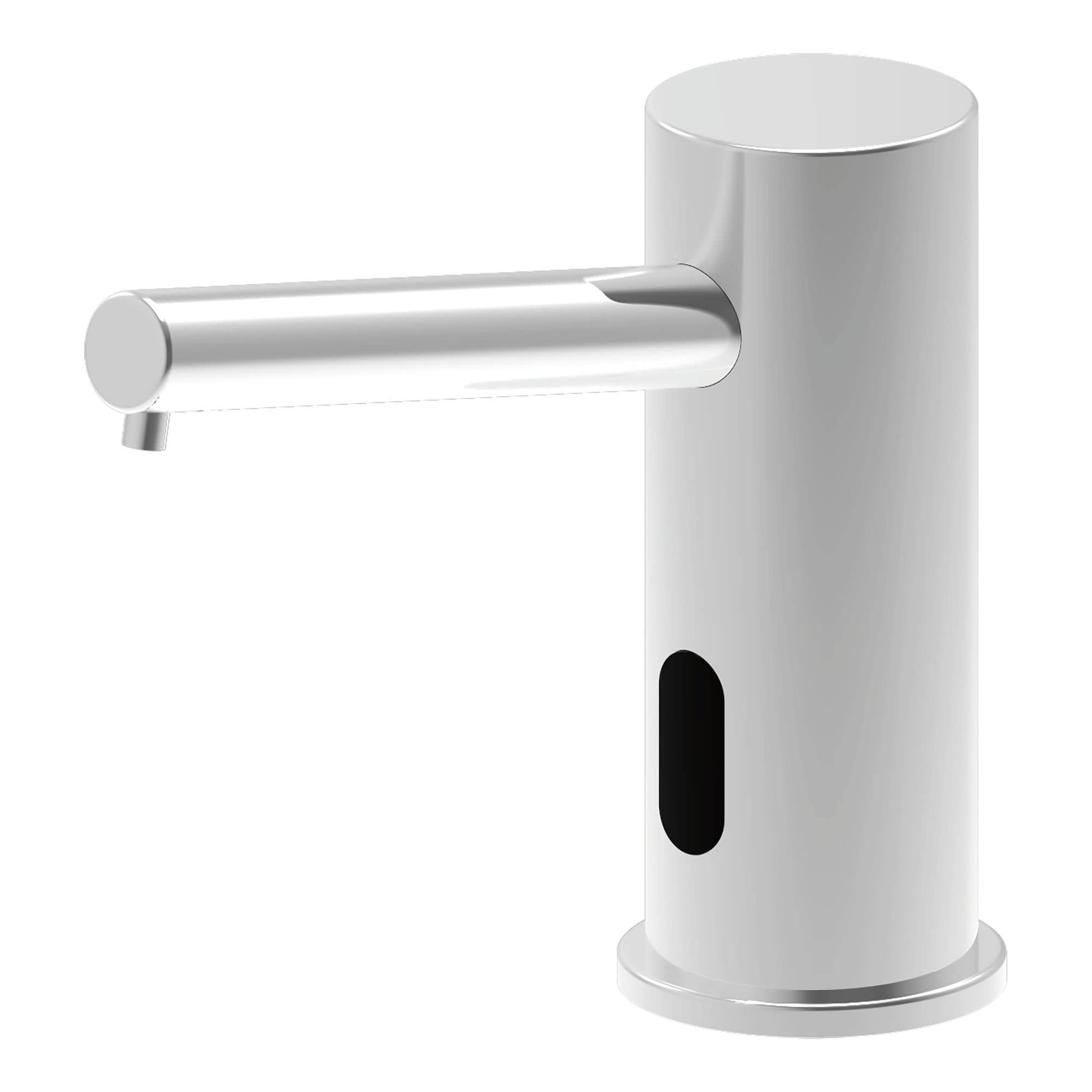 Chrome and white electronic deck-mount soap dispenser with sensor activation and horizontal spout.