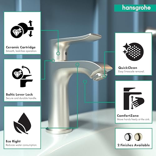 Brushed nickel single-hole bathroom faucet with curved spout and lever handle.