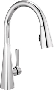 Chrome pull-down kitchen faucet with curved spout and single lever handle.