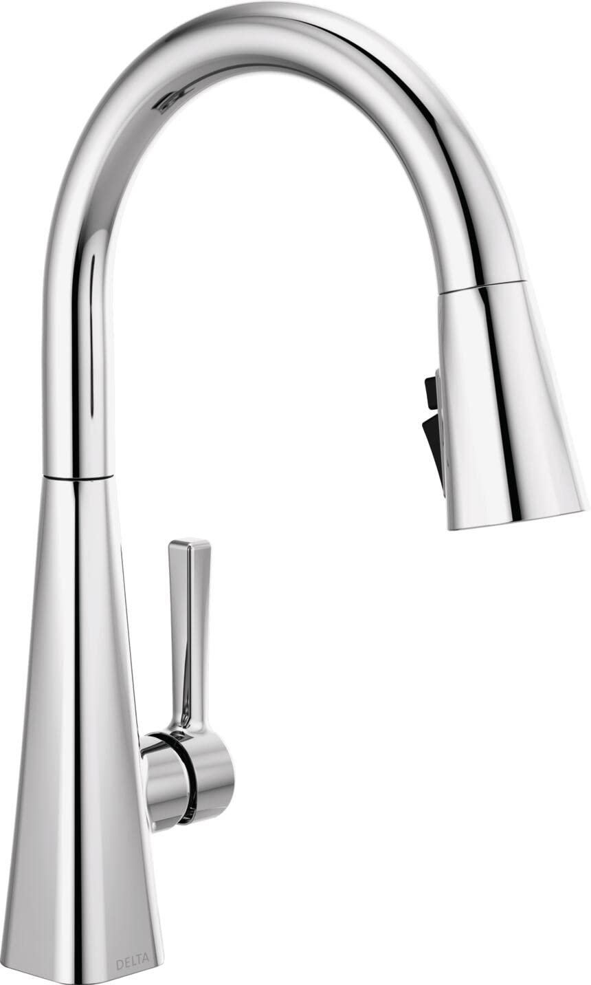 Chrome pull-down kitchen faucet with curved spout and single lever handle.
