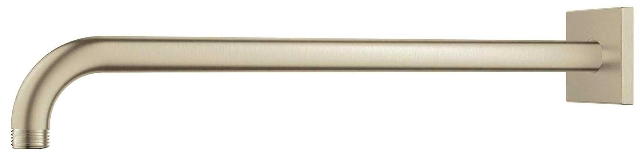 Matte black curved shower arm with square wall mount extending 15 inches horizontally.