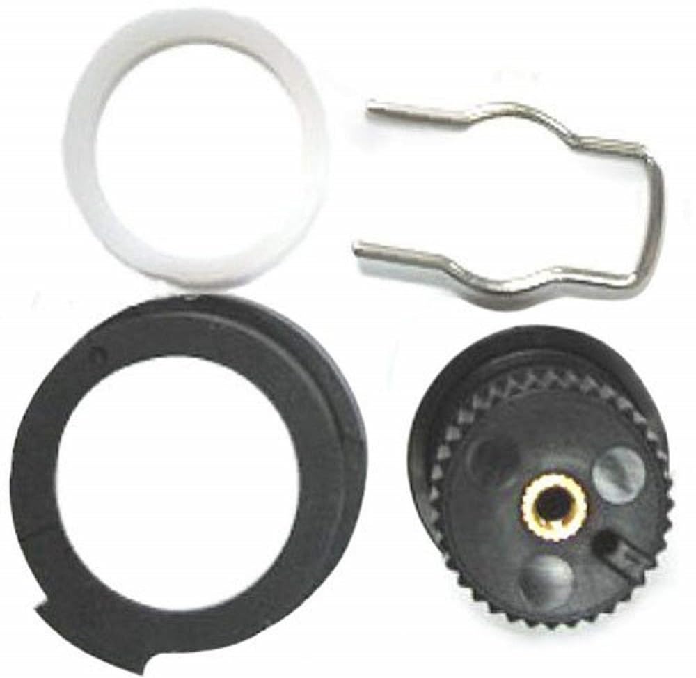 White and black rubber rings with chrome metal clip and textured adjustable nut with brass center.