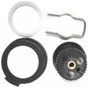 White and black rubber rings with chrome metal clip and textured adjustable nut with brass center.