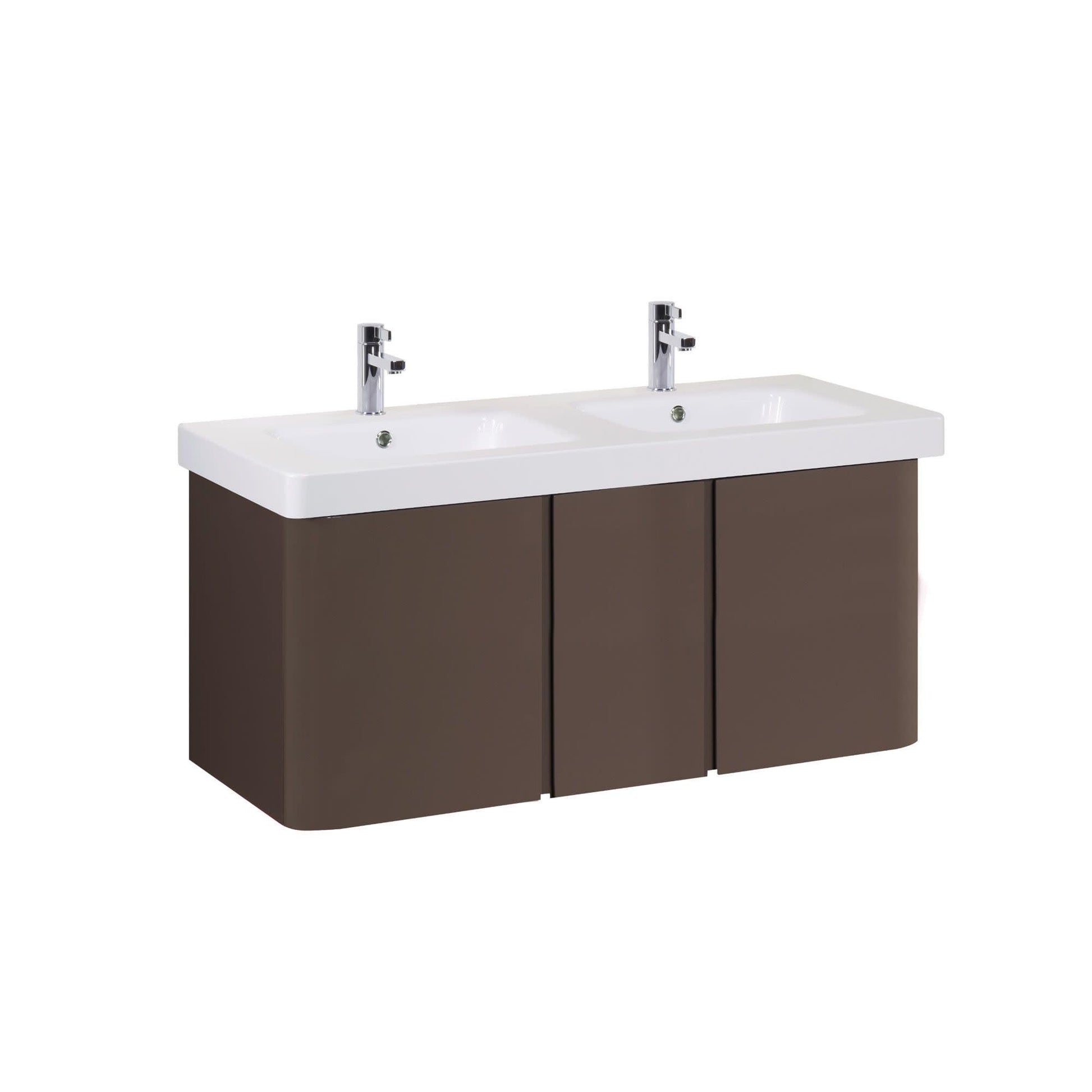 Brass faucet cartridge with chrome finish valve body and adjustment handles on white background.