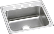 Stainless steel drop-in sink with single bowl, three mounting holes, and drain opening visible from above.