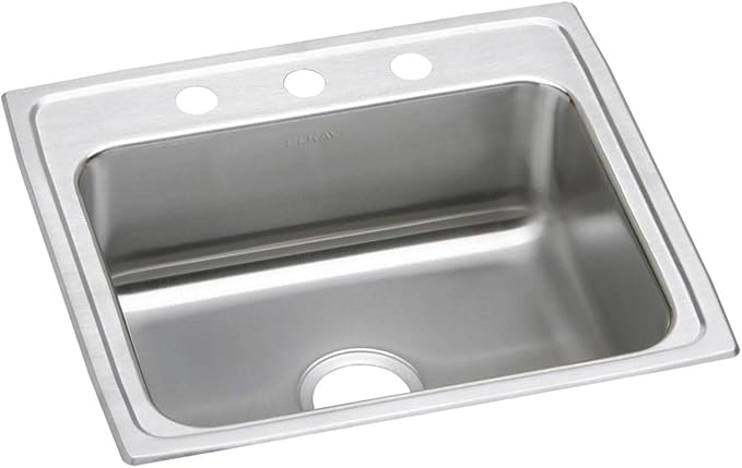 Stainless steel drop-in sink with single bowl, three mounting holes, and drain opening visible from above.