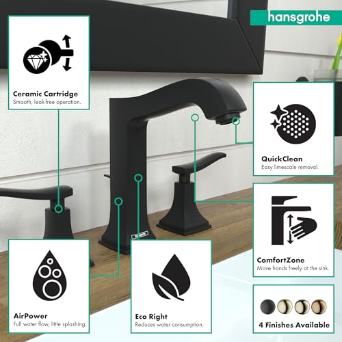 Matte black three-hole widespread bathroom faucet with curved spout, lever handles, and pop-up drain.