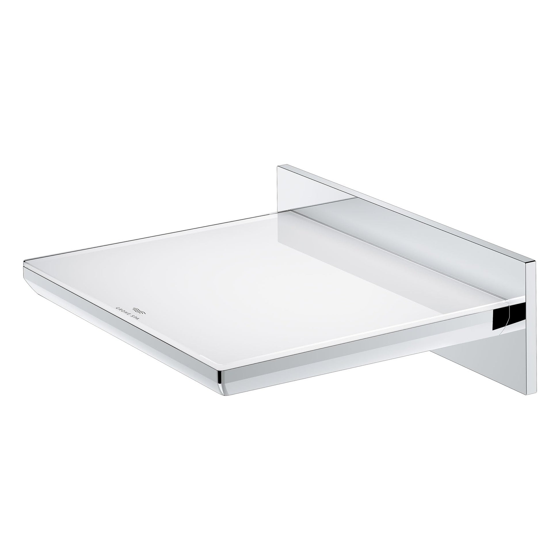 Grohe Allure brushed cool sunrise waterfall tub spout with wall-mounted rectangular basin and curved spillway.