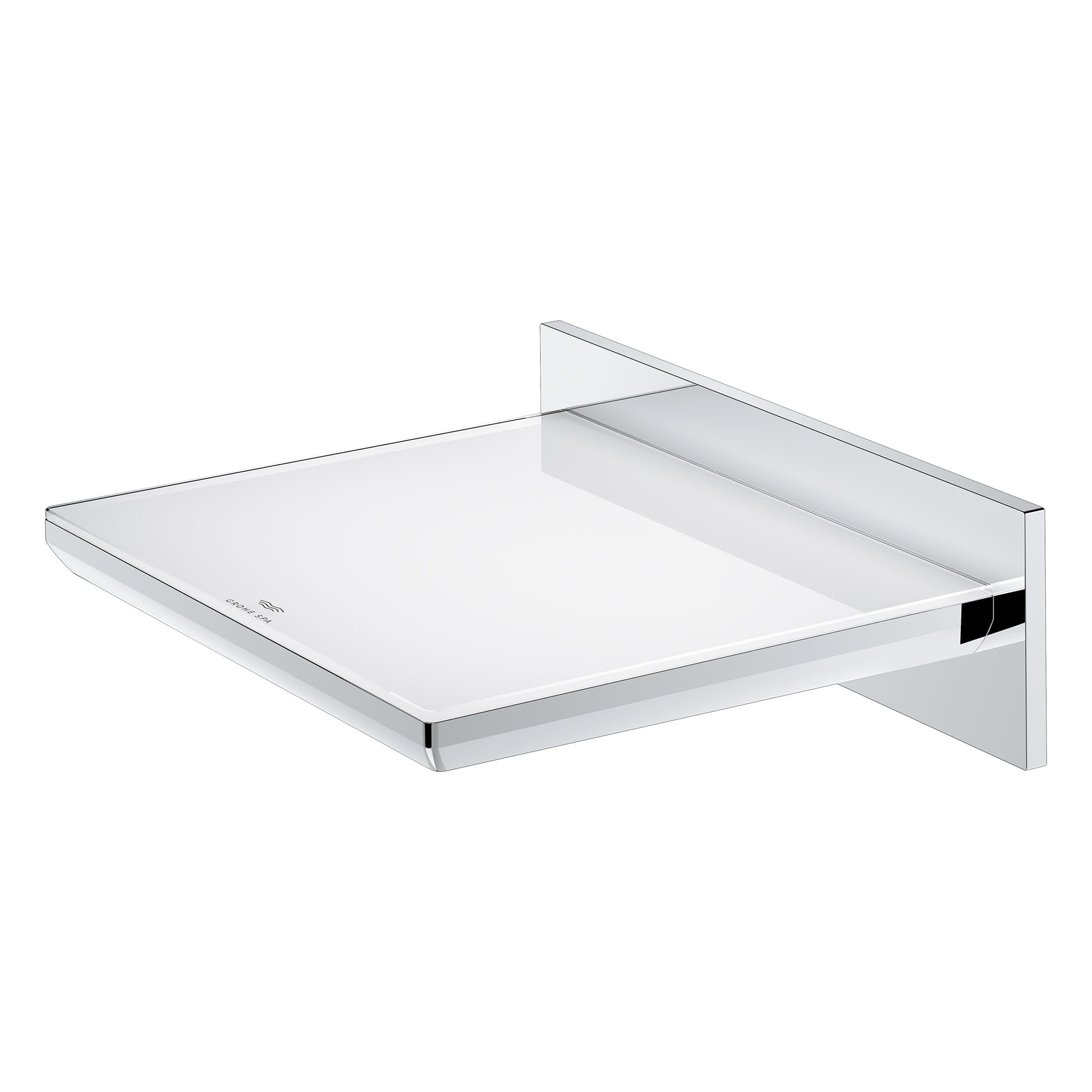 Chrome waterfall tub spout with flat rectangular basin and wall-mounted bracket.