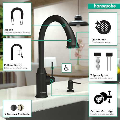 Matte black high arc kitchen faucet with pull-down spray and magnetic docking station in kitchen sink setting.