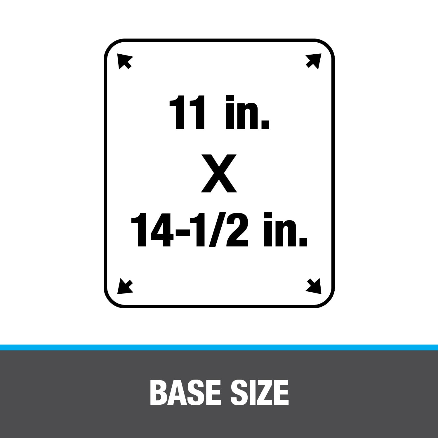 Aluminum roof flashing base measuring 11 by 14-1/2 inches with rounded corners and dimension arrows.