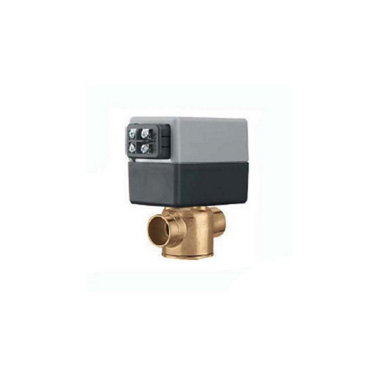 Brass zone valve with gray and black motorized actuator head and terminal connections.