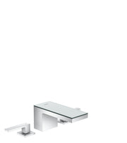 Chrome widespread faucet with mirror glass spout and matching side lever handles for bathroom sink installation.