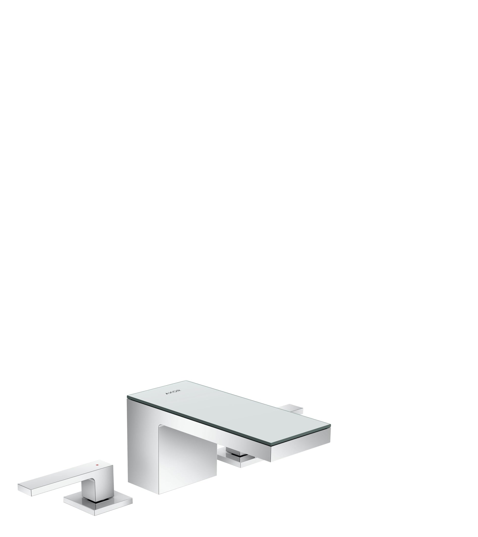 Chrome widespread faucet with mirror glass spout and matching side lever handles for bathroom sink installation.