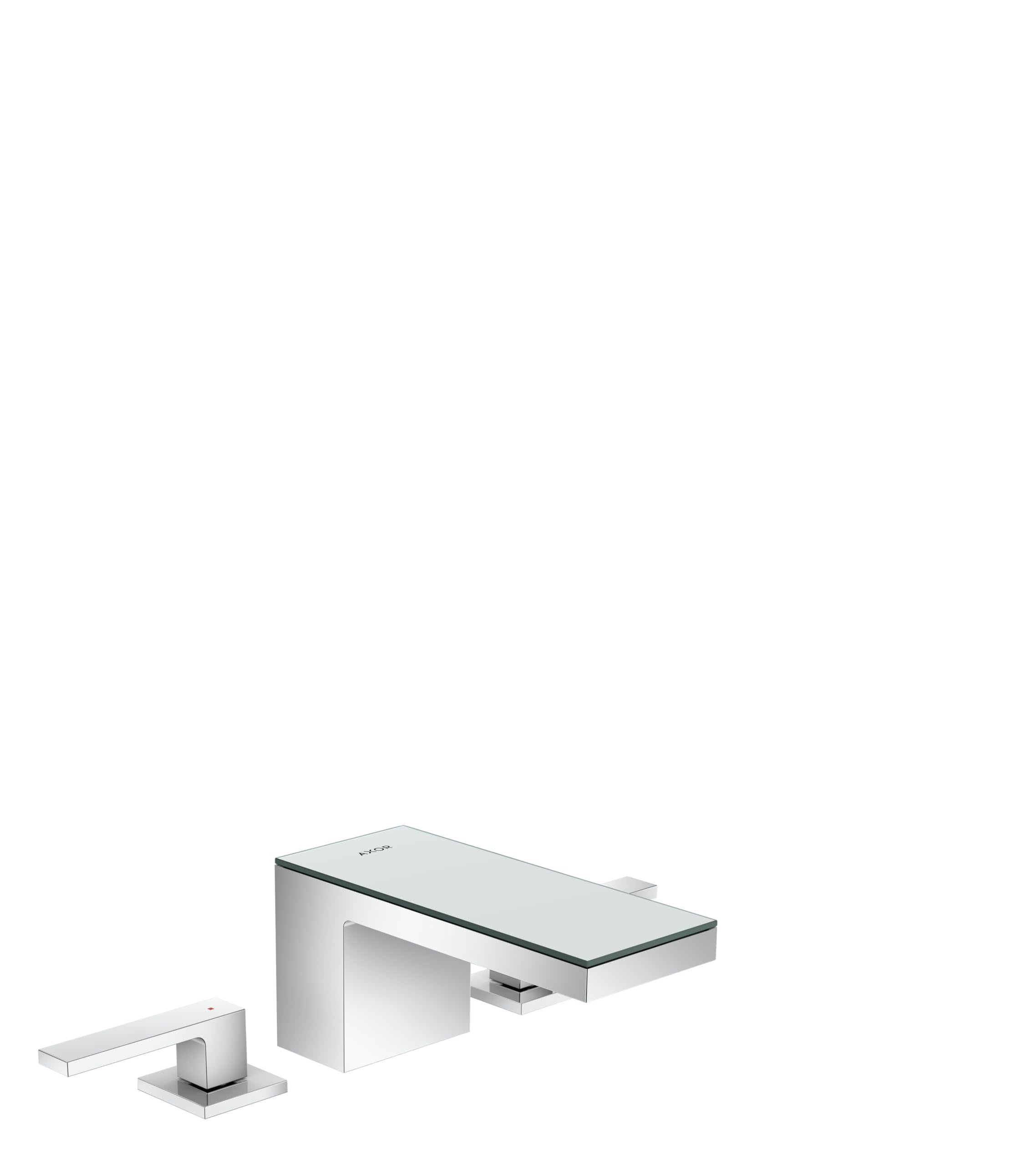Chrome widespread faucet with mirror glass spout and matching side lever handles for bathroom sink installation.