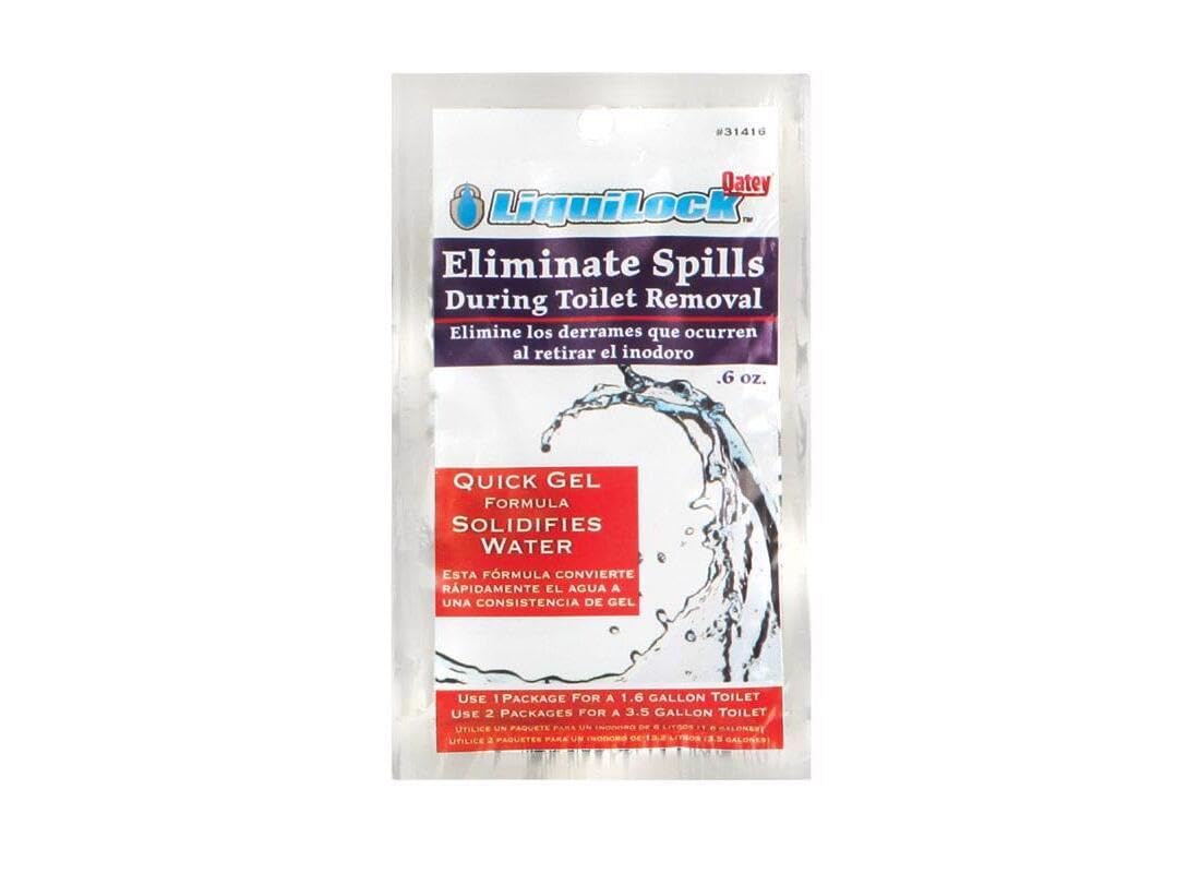 Oatey LiquidLoc gel packet (0.6 oz) with blue and red label for toilet removal, part of 25-pack set.