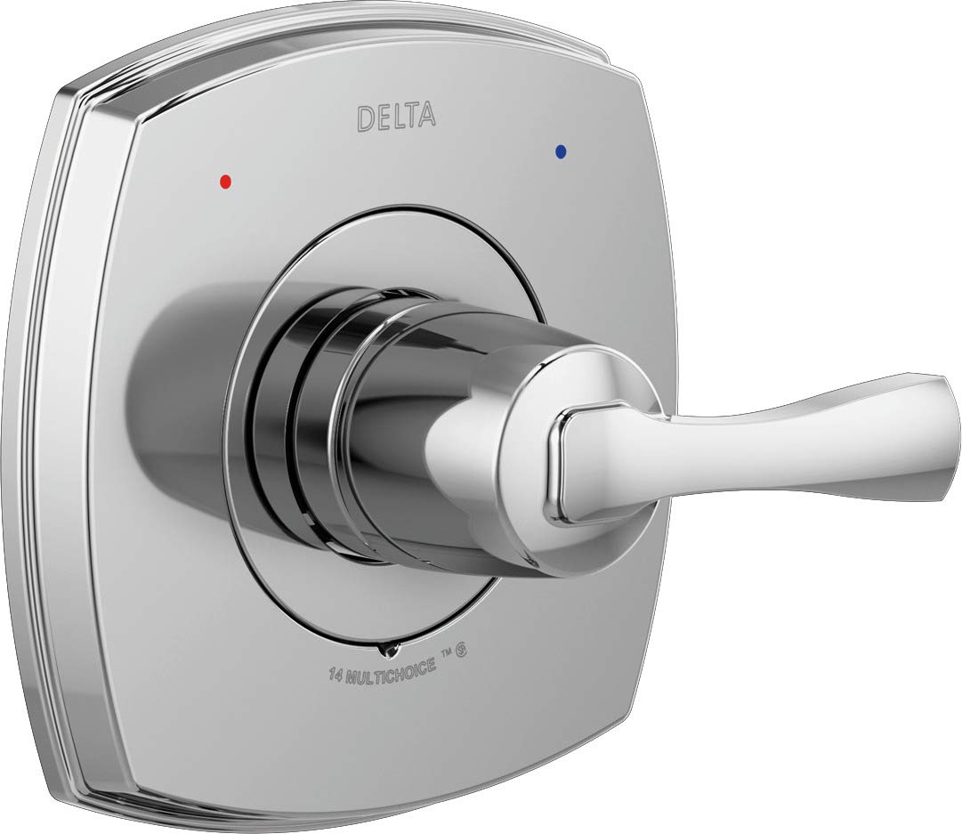 Delta Stryke 14 Series chrome shower valve trim with lever handle and temperature control indicators.