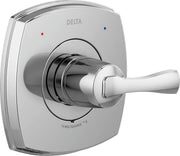 Delta Stryke 14 Series chrome shower valve trim with lever handle and temperature control indicators.