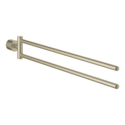 Brushed nickel double towel rail with two parallel horizontal bars and circular wall-mounted bracket.