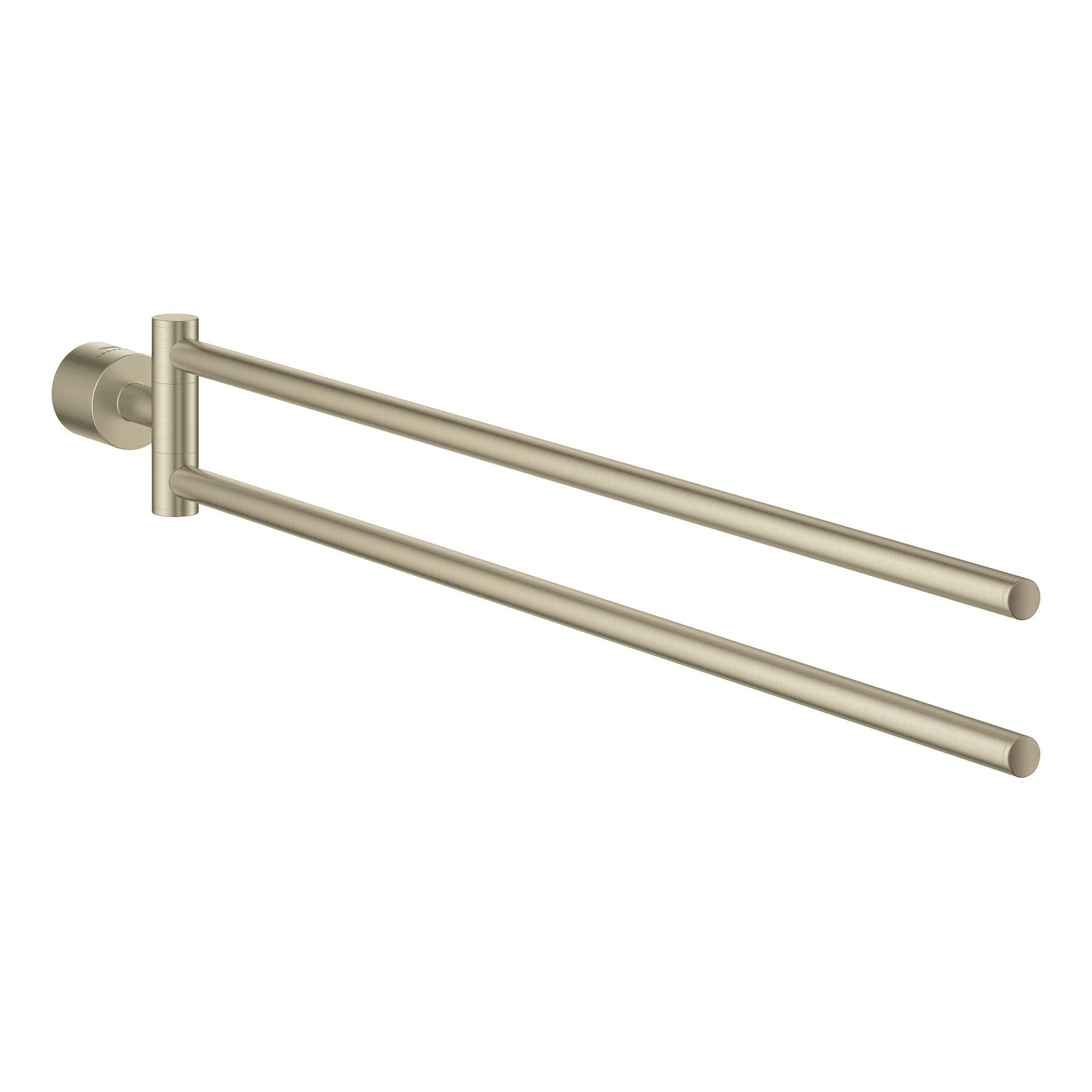 Brushed nickel double towel rail with two parallel horizontal bars and circular wall-mounted bracket.