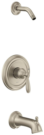 Brushed nickel tub and shower trim kit with single lever handle, curved spout, and circular wall plate.