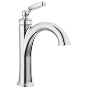 Chrome single-handle bathroom faucet with curved spout and lever control on cylindrical base.