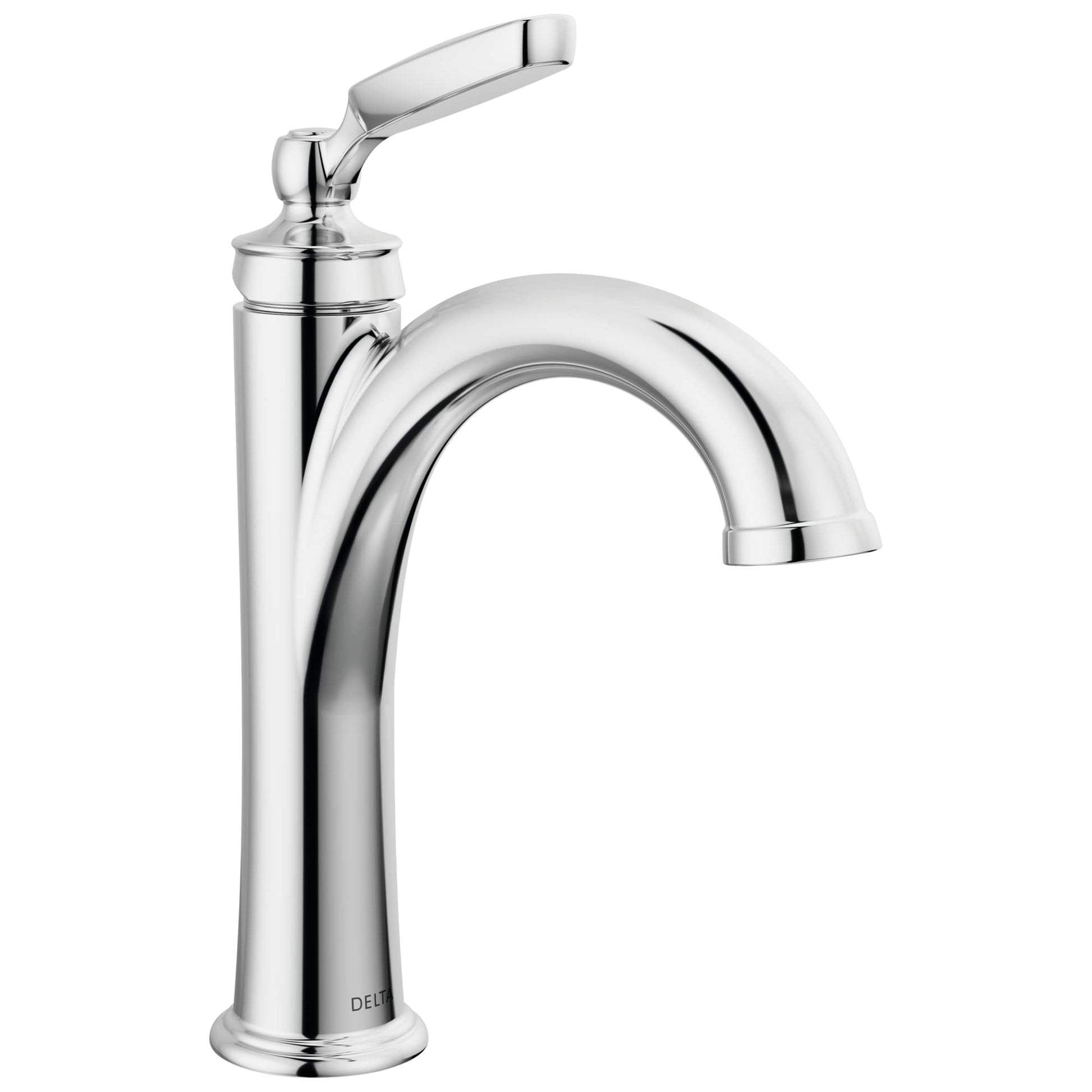 Chrome single-handle bathroom faucet with curved spout and lever control on cylindrical base.