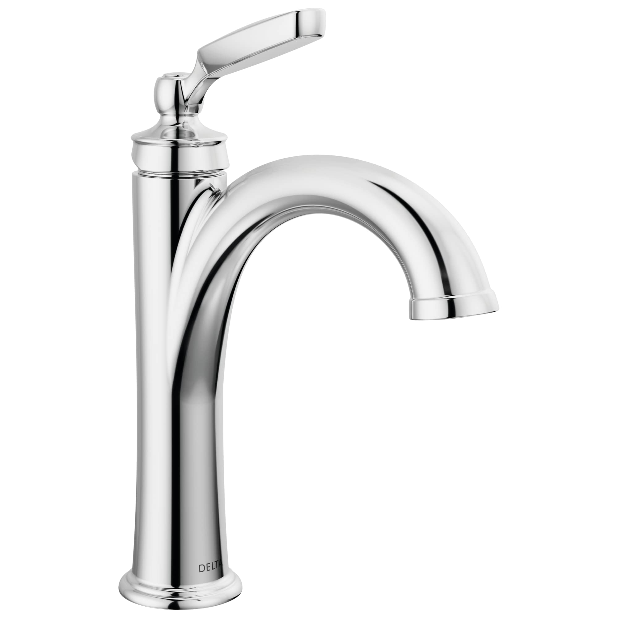 Chrome single-handle bathroom faucet with curved spout and lever control on cylindrical base.