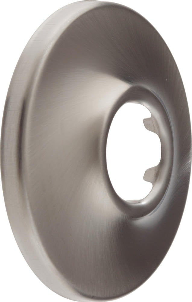 Stainless steel shower flange with brushed finish and central opening for pipe connection.