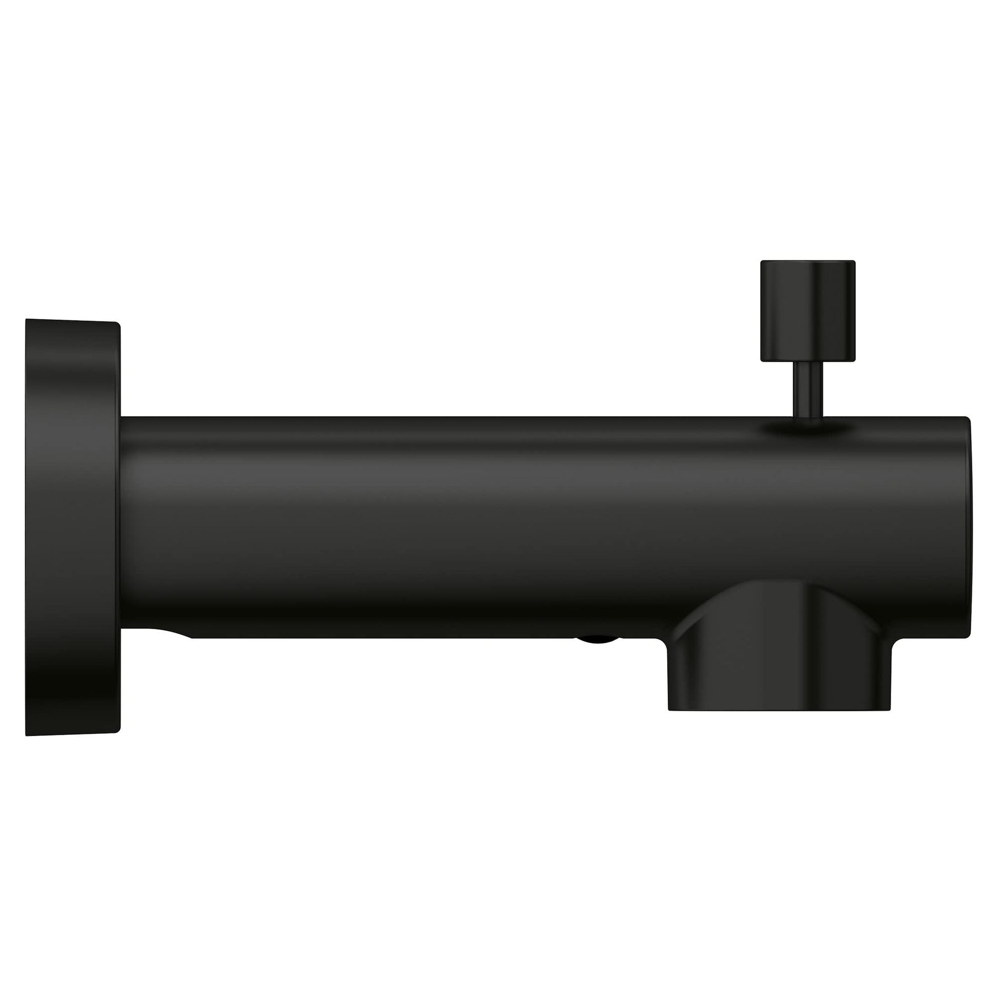 Matte black cylindrical tub spout with wall flange and lever diverter control.