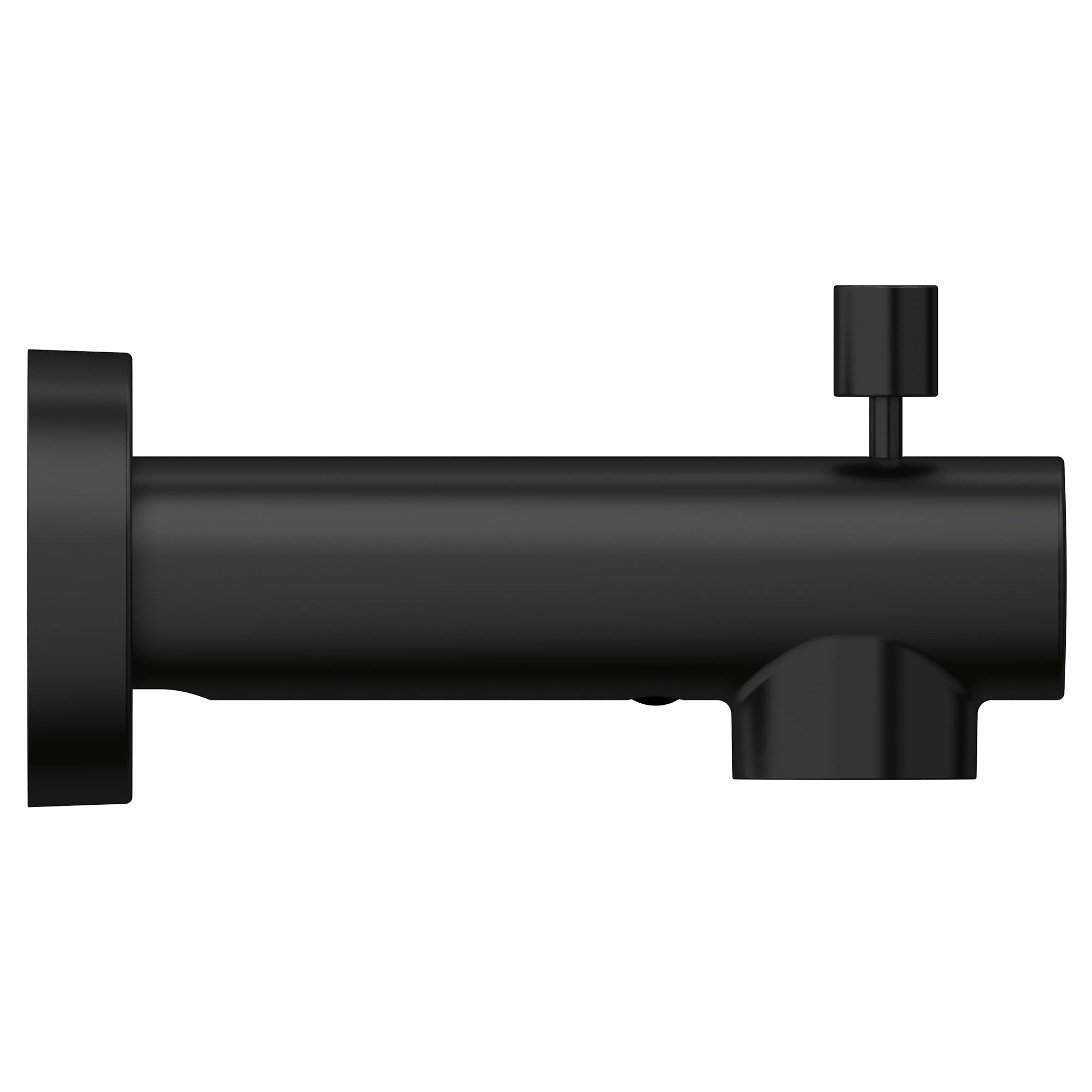 Matte black cylindrical tub spout with wall flange and lever diverter control.