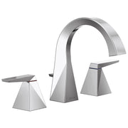 Chrome widespread bathroom faucet with arched spout and two square handles on either side.