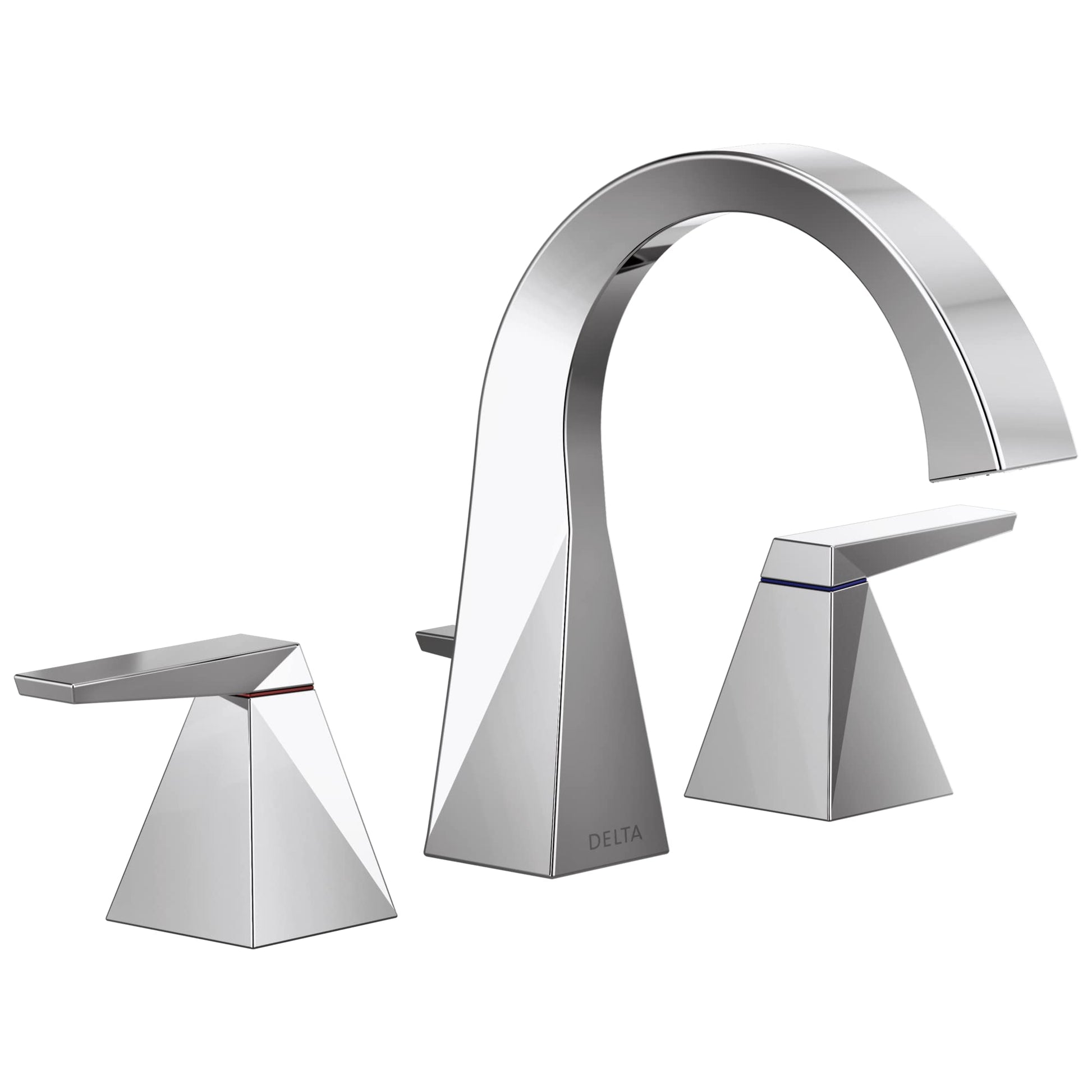 Chrome widespread bathroom faucet with arched spout and two square handles on either side.