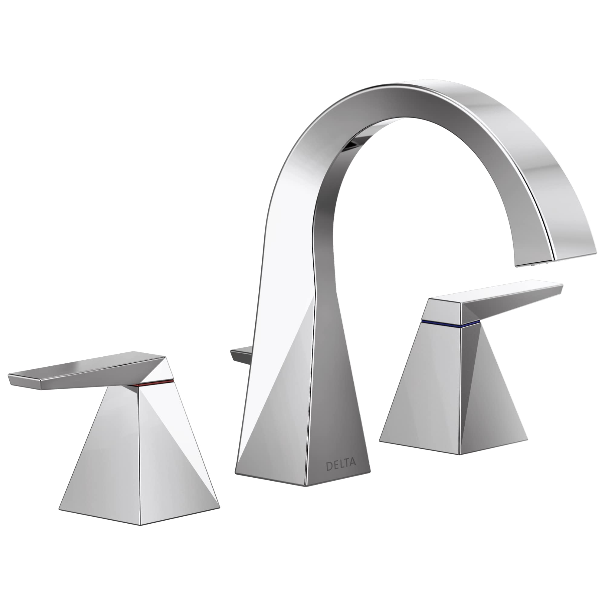 Chrome widespread bathroom faucet with arched spout and two square handles on either side.