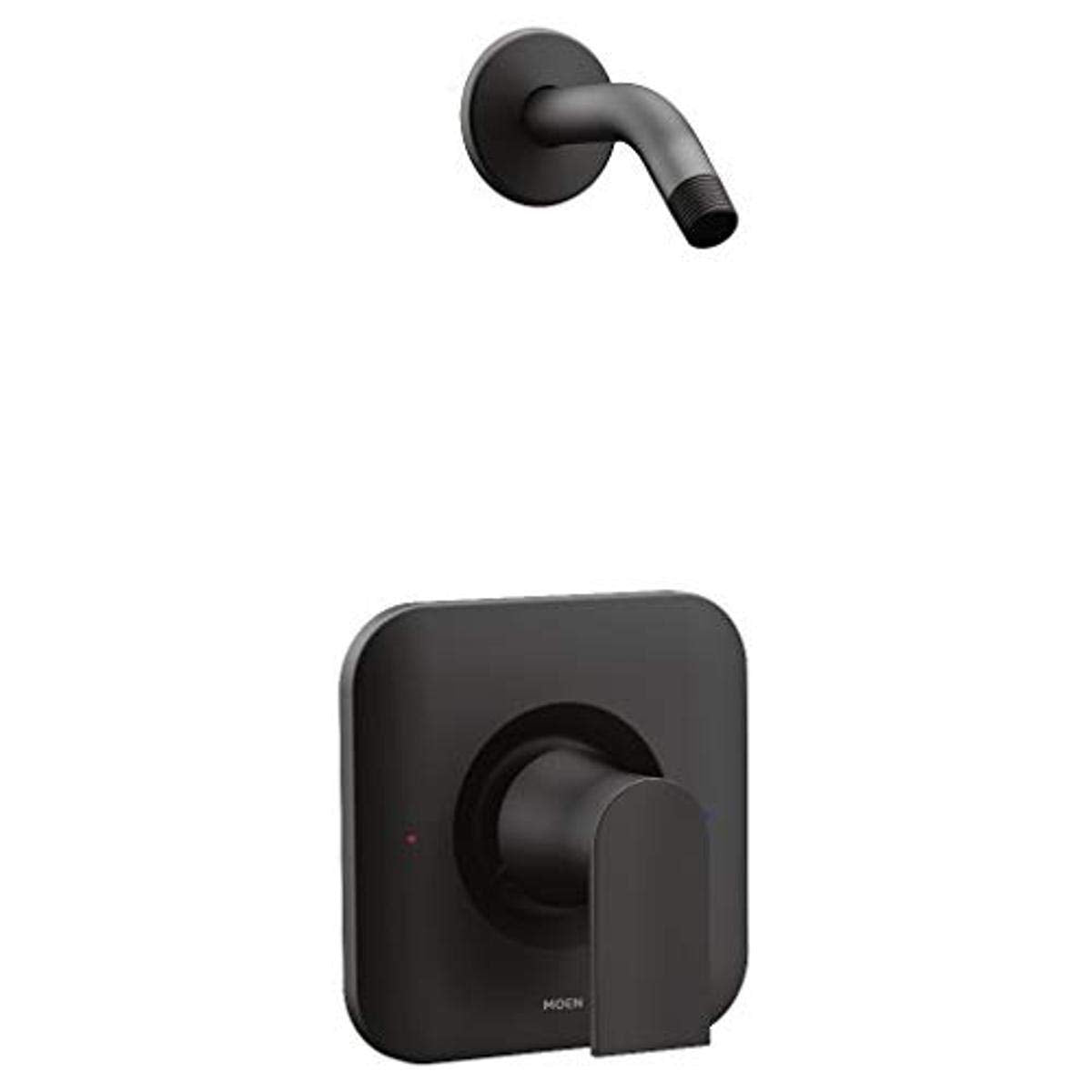 Moen Genta matte black shower valve trim with single lever handle and curved shower arm.