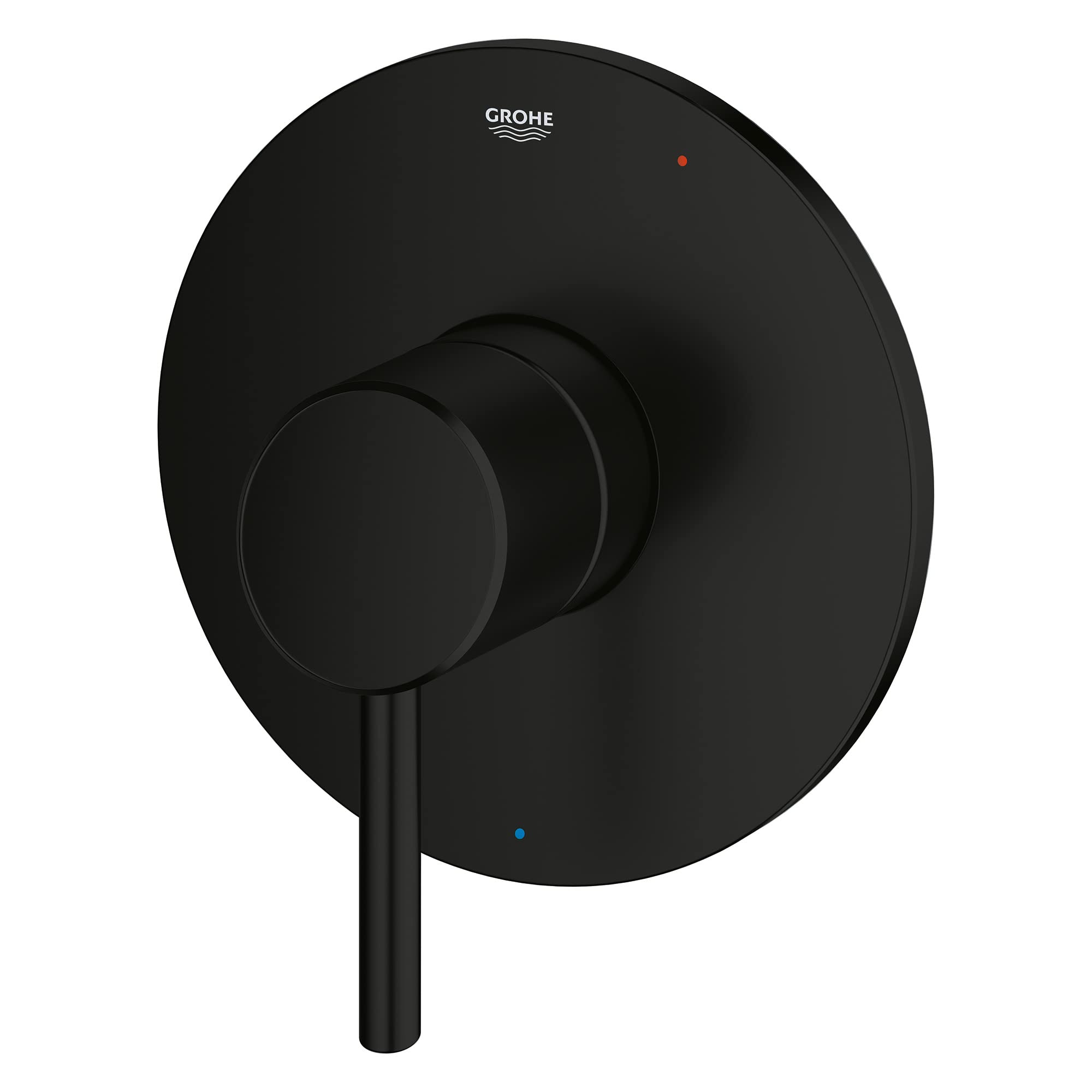 Matte black round pressure balance valve trim with circular escutcheon plate and single lever handle.
