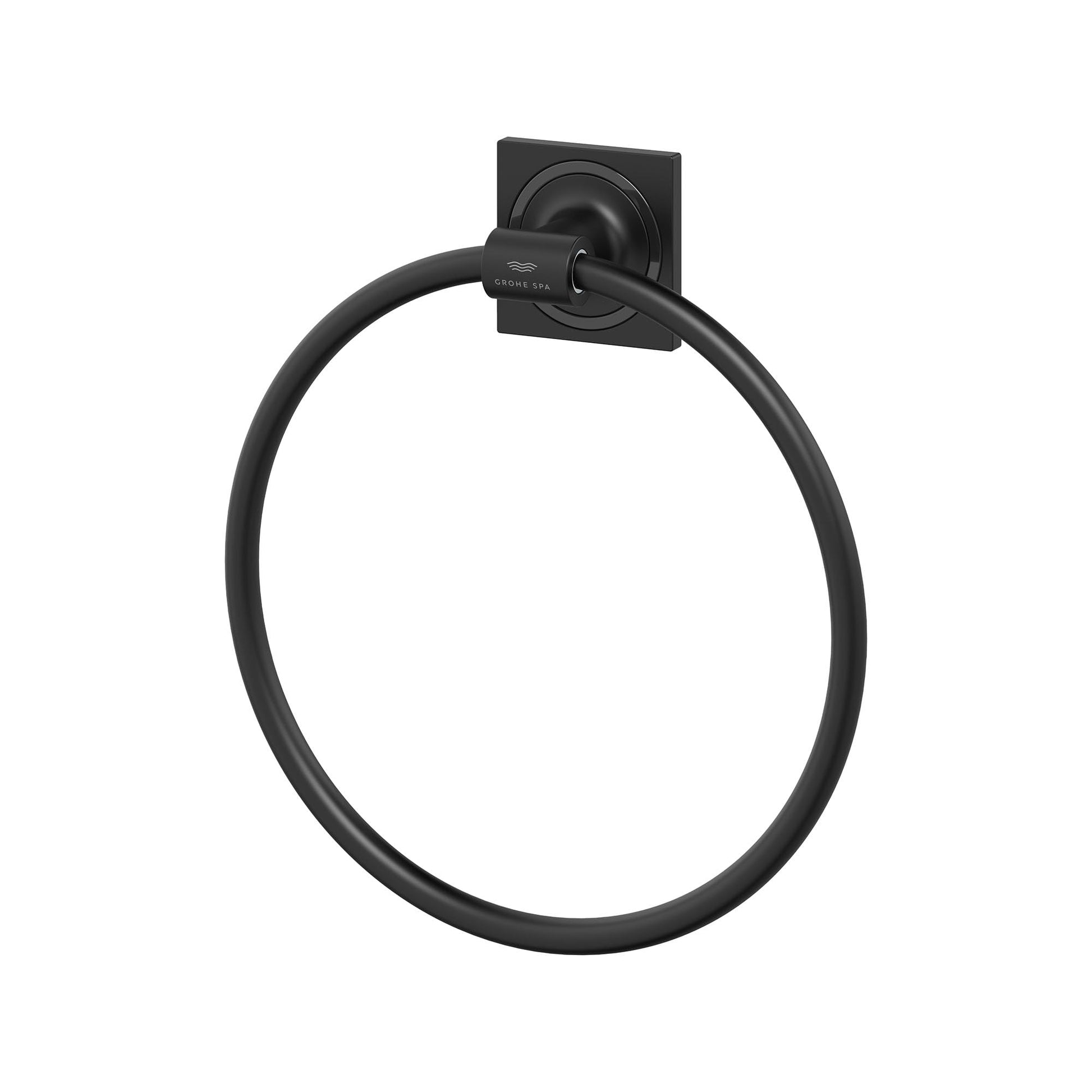 Circular brushed nickel towel ring mounted on square wall plate with rotating ring holder.