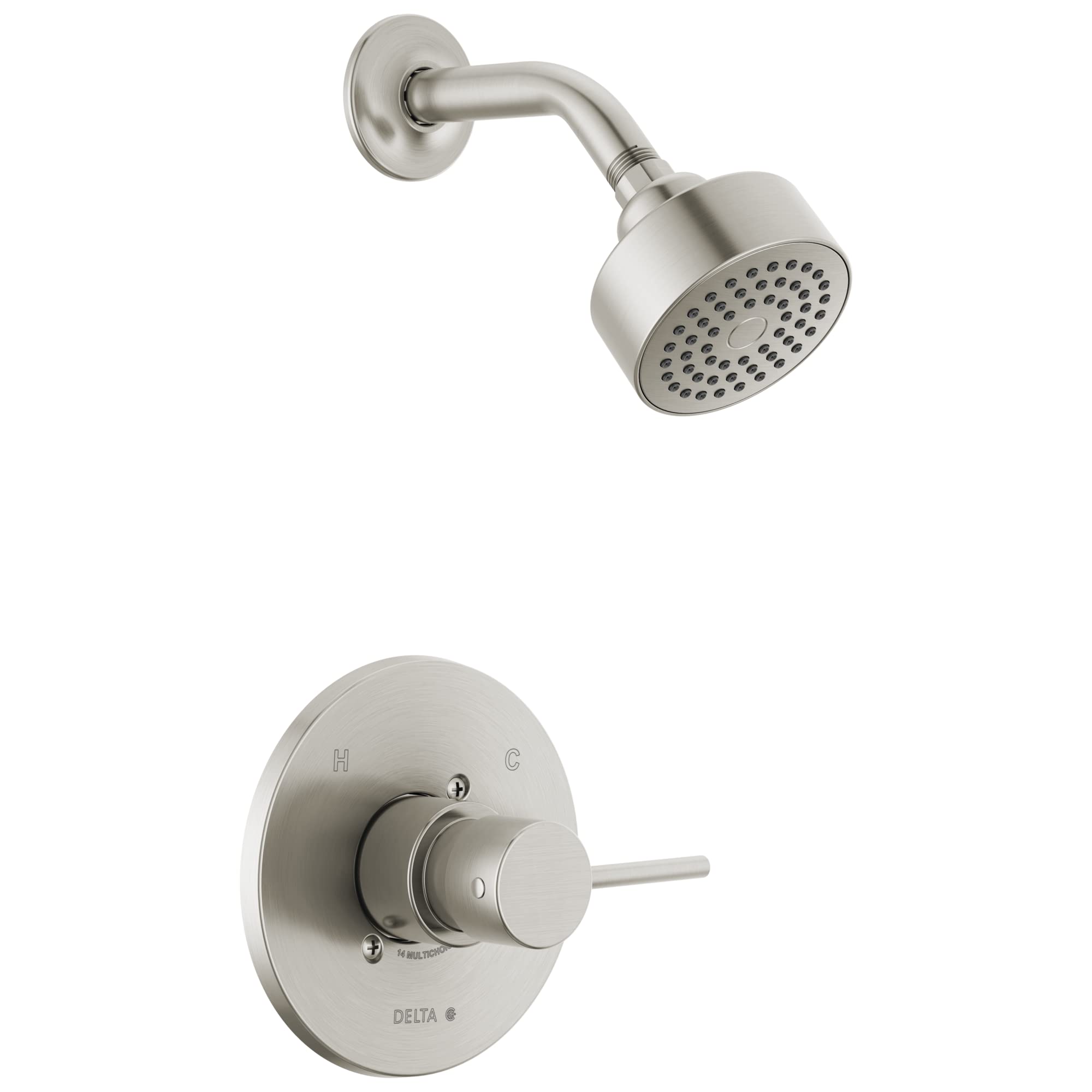 Brushed nickel shower trim with round showerhead and wall-mounted control valve with lever handle.